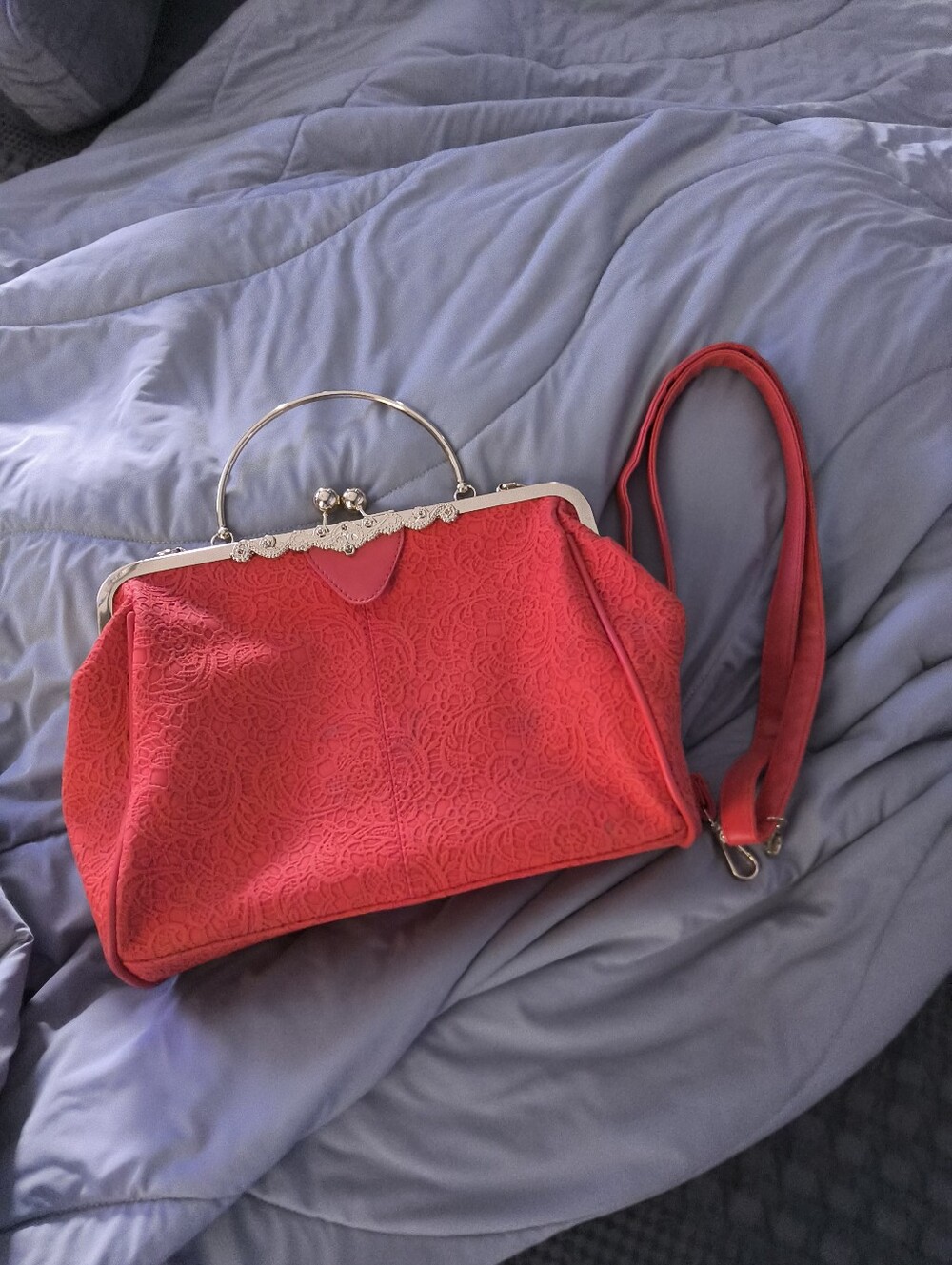 Ladies Red Lace-Embossed Satchel - Classic Gold Metal Top Handle